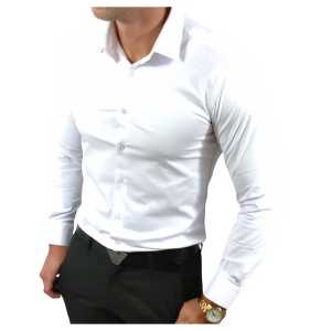 koszula męska BIAŁA długi rękaw krój SLIM FIT gładka dopasowana | L |
